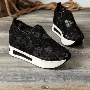 🌈 SHEIN wedge slip on mesh sneakers with glitter embroidery NWT 39